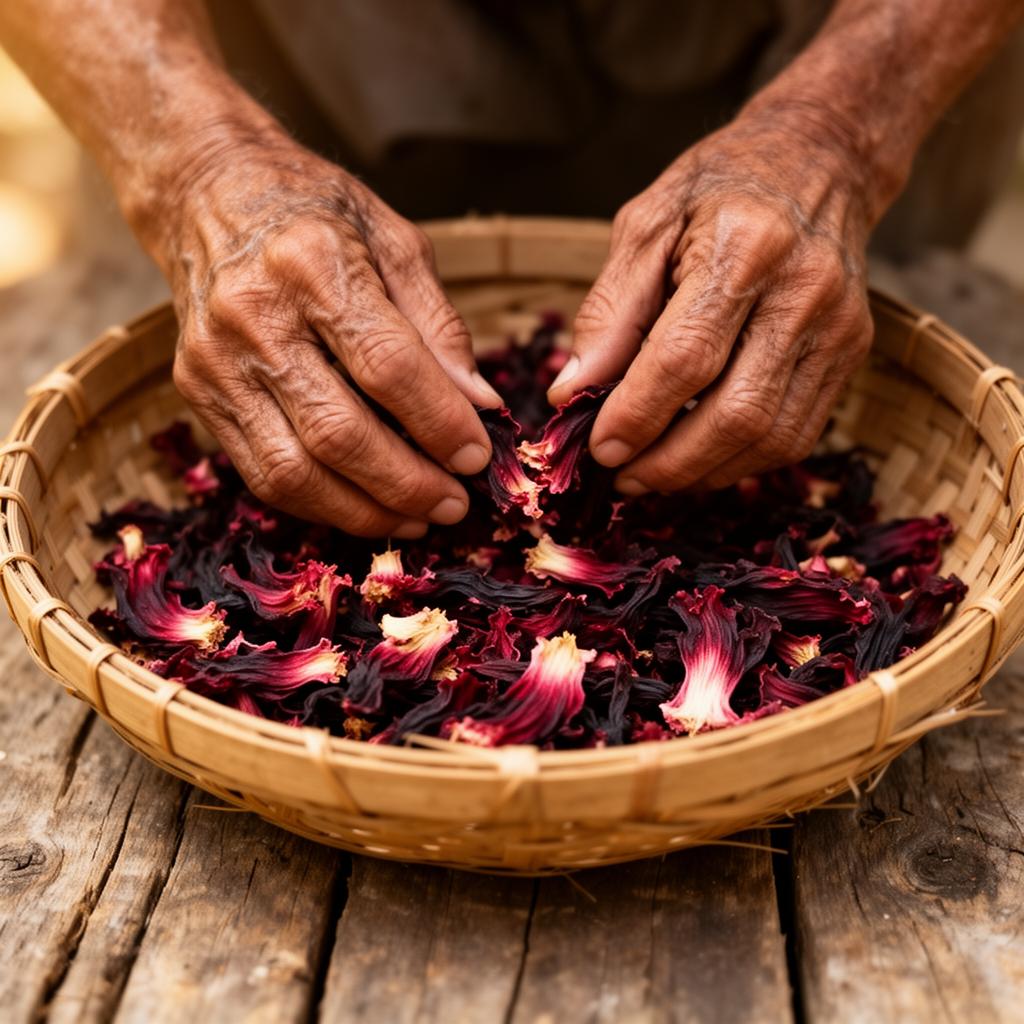 Hands sorting dried hibiscus petals into a woven basket
